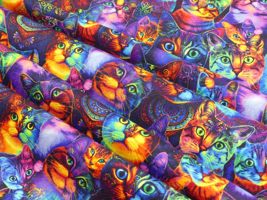 Patchworkstoff mit Katzen in lebhaften Neonfarben